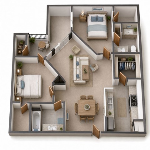 Floor plan for 2 beds, 2 baths, 1115 sqft
