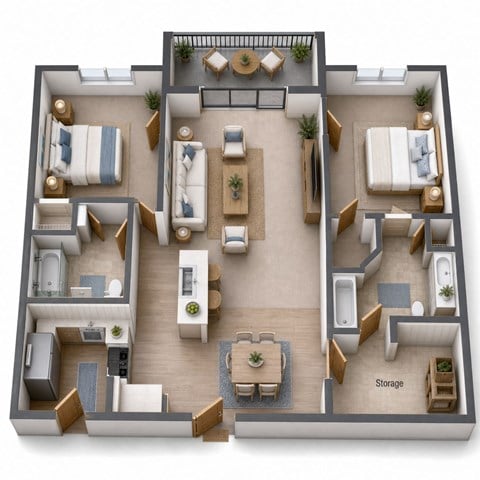 Floor plan for 2 beds, 2 baths, 983 sqft