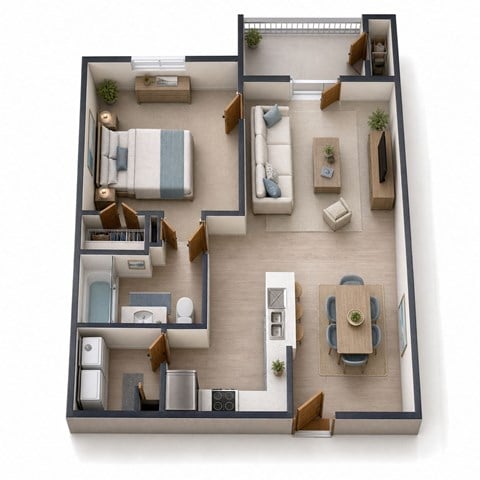Floor plan for 1 bed, 1 bath, 709 sqft