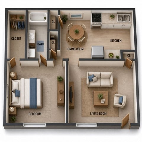 Floor plan for 1 bed, 1 bath, 912 sqft