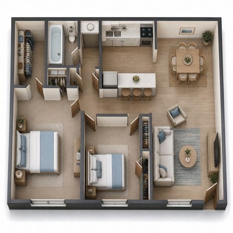 Floor plan for 2 beds, 1 bath, 1050 sqft