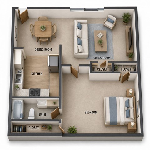 Floor plan for 1 bed, 1 bath, 726 sqft