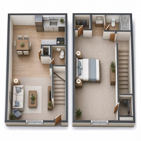 Floor plan for 1 bed, 1.5 baths, 1000 sqft