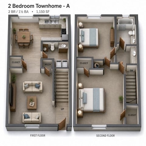 Floor plan for 2 beds, 1.5 baths, 1150 sqft