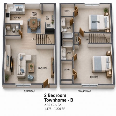Floor plan for 2 beds, 2.5 baths, 1175 sqft