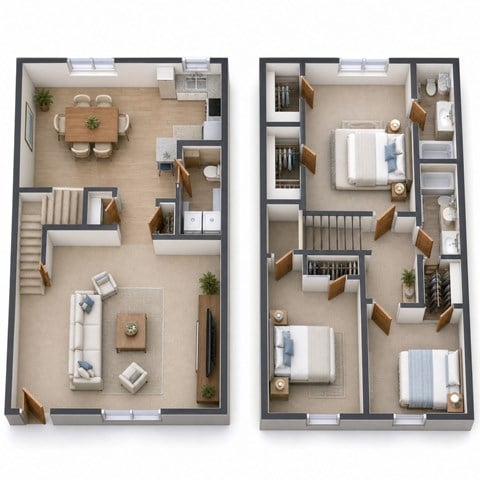 Floor plan for 3 beds, 2.5 baths, 1230 sqft