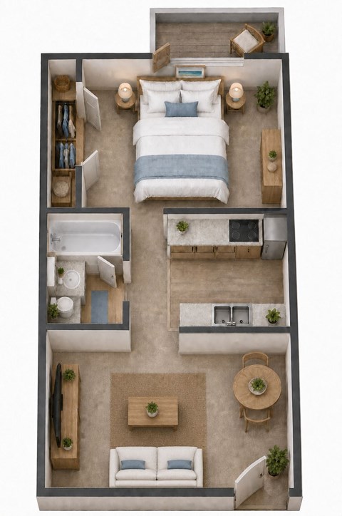 Floor plan for 1 bed, 1 bath, 520 sqft