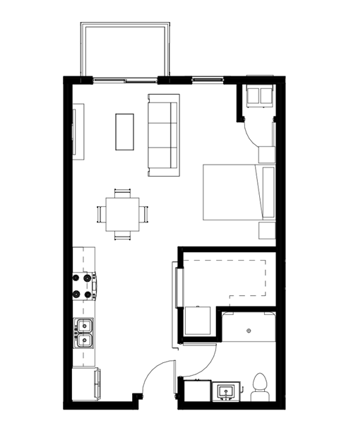 Floor plan for studio, 1 bath, 577 sqft