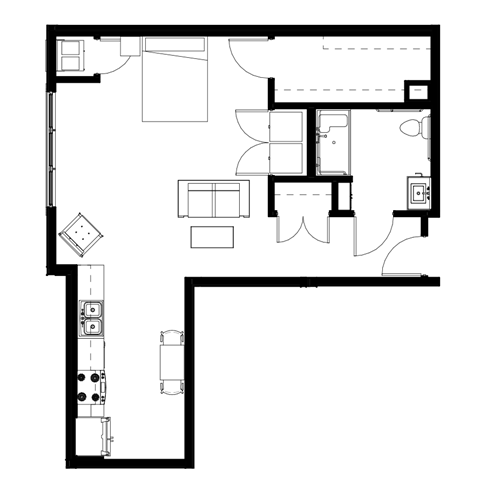 Floor plan for studio, 1 bath, 701 sqft