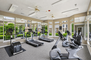 Grandview apartment for rent - A gym with treadmills, elliptical machines, and a fan.
