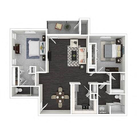 Floor plan for 2 beds, 2 baths, 934 sqft