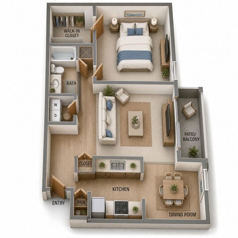Floor plan for 1 bed, 1 bath, 850 sqft