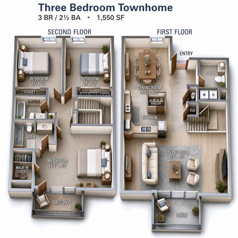 Floor plan for 3 beds, 2.5 baths, 1550 sqft