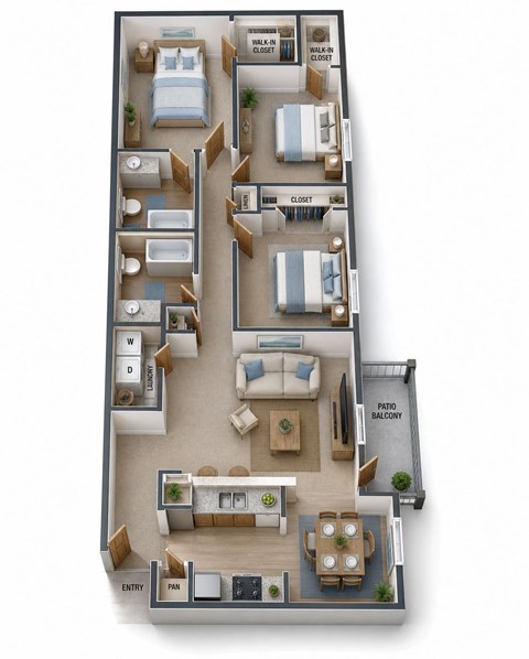 Floor plan for 3 beds, 2 baths, 1450 sqft
