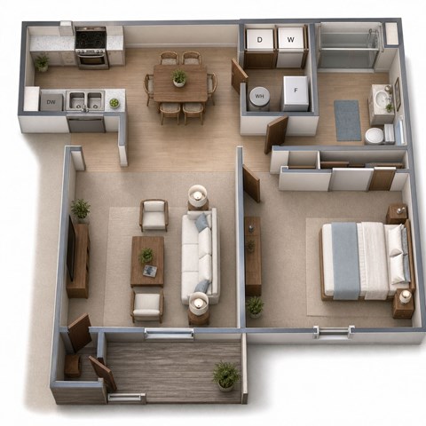 Floor plan for 1 bed, 1 bath, 783 sqft