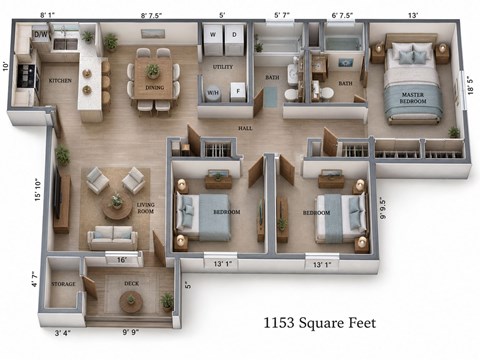 Floor plan for 3 beds, 2 baths, 1153 sqft