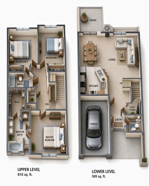 Floor plan for 3 beds, 2.5 baths, 1319 sqft