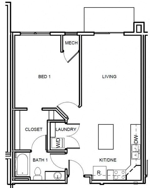 Floor plan for 1 bed, 1 bath, 793 sqft