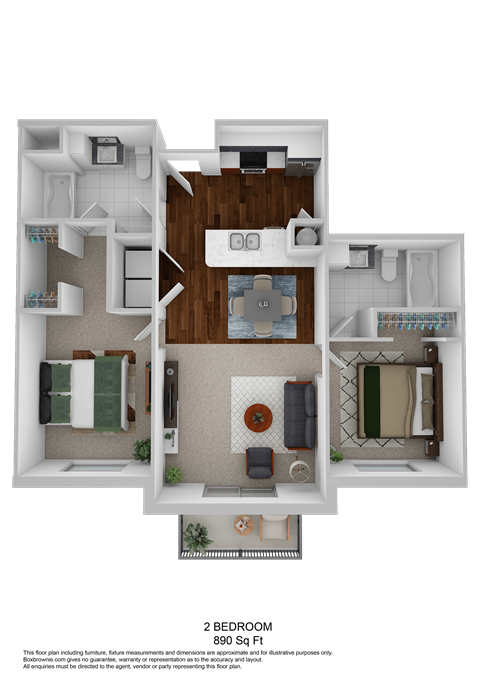 Floor plan for 2 beds, 2 baths, 890 sqft