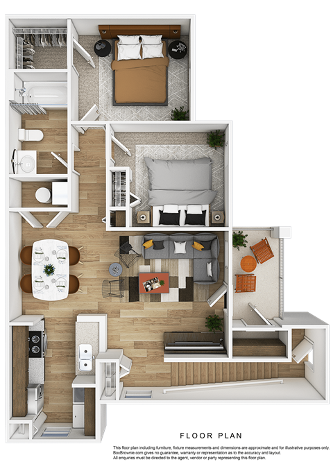 Floor plan for 2 beds, 1 bath, 916 sqft