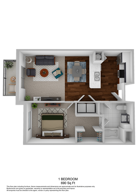 Floor plan for 1 bed, 1 bath, 690 sqft