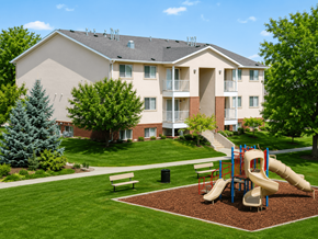 Logan apartment for rent - A playground with a slide and a bench in front of a building.