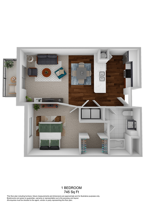 Floor plan for 1 bed, 1 bath, 745 sqft
