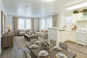 West Valley City apartment for rent - A well-lit, modern dining room with a table set for a meal.