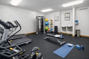 Salt Lake City apartment for rent - A gym with a variety of equipment including treadmills, exercise balls, and weights.