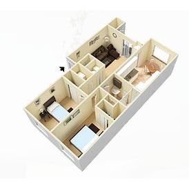 Floor plan for 2 beds, 1 bath, 801 sqft