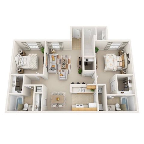 Floor plan for 2 beds, 2 baths, 957 sqft