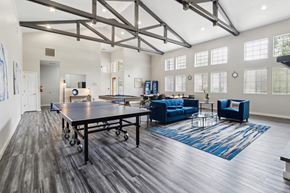 Los Alamos apartment for rent - A spacious room with a ping pong table and blue furniture.