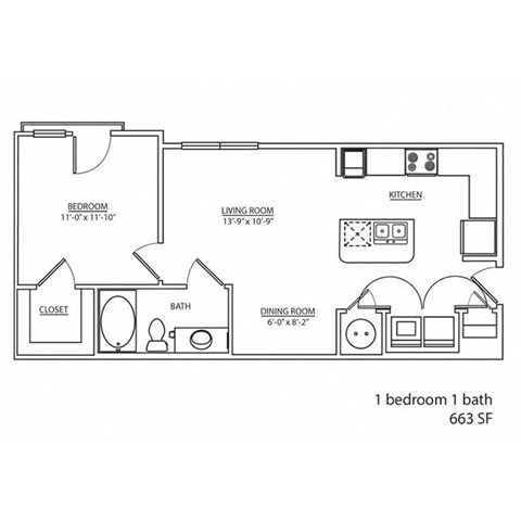 Floor plan for 1 bed, 1 bath, 663 sqft