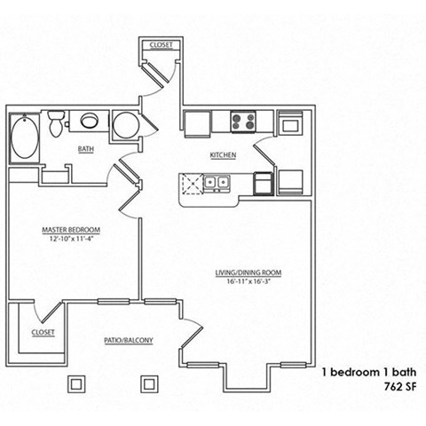 Floor plan for 1 bed, 1 bath, 762 sqft