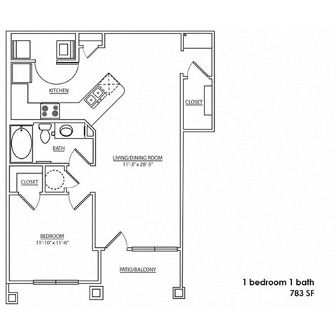 Floor plan for 1 bed, 1 bath, 783 sqft