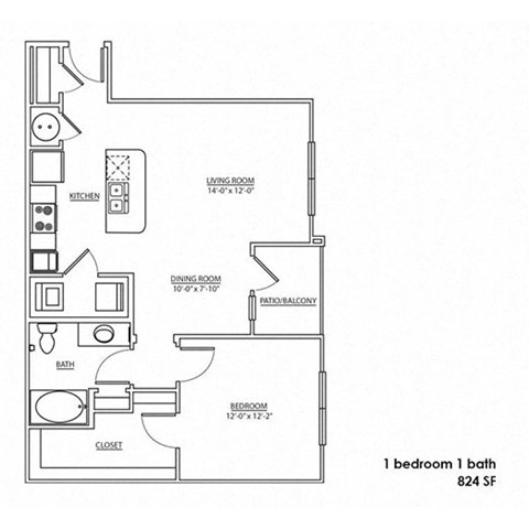 Floor plan for 1 bed, 1 bath, 824 sqft