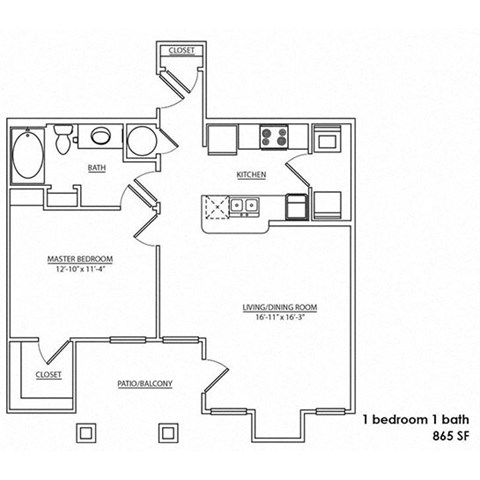 Floor plan for 1 bed, 1 bath, 865 sqft