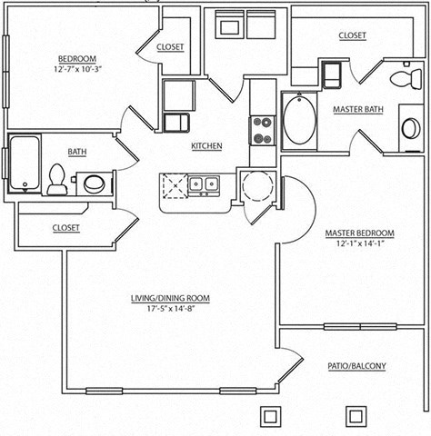 Floor plan for 2 beds, 2 baths, 1037 sqft