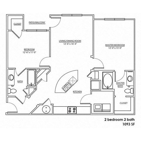 Floor plan for 2 beds, 2 baths, 1093 sqft
