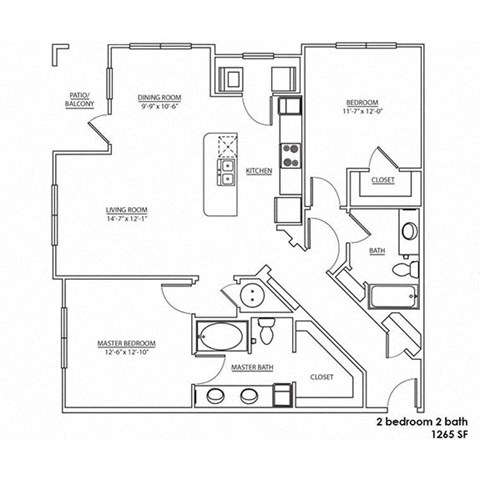 Floor plan for 3 beds, 2 baths, 1388 sqft