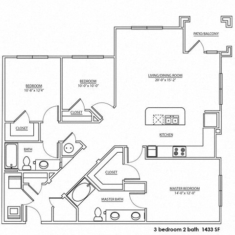 Floor plan for 3 beds, 2 baths, 1433 sqft