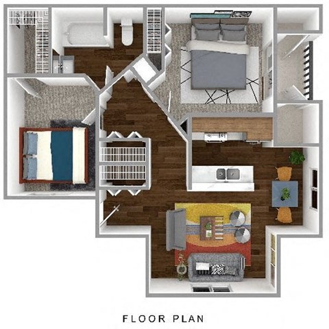 Floor plan for 2 beds, 1 bath, 935 sqft