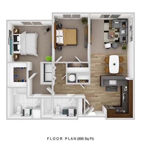Floor plan for 2 beds, 2 baths, 985 sqft
