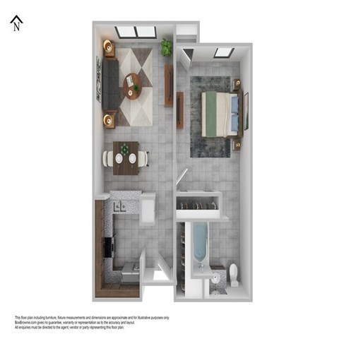 Floor plan for 1 bed, 1 bath, 608 sqft