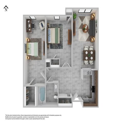 Floor plan for 2 beds, 1 bath, 608 sqft
