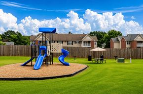 Shelby apartment for rent - A playground with a blue slide and a brown and tan slide.