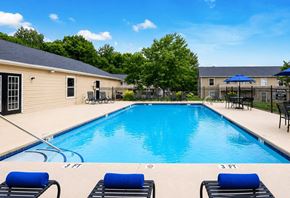 Shelby apartment for rent - A swimming pool with blue water and lounge chairs.
