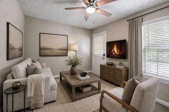 Shelby apartment for rent - A living room with a fireplace and a painting on the wall.