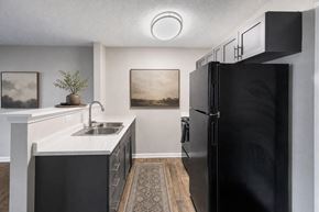 Shelby apartment for rent - A black refrigerator stands in a kitchen with a white counter and a sink.