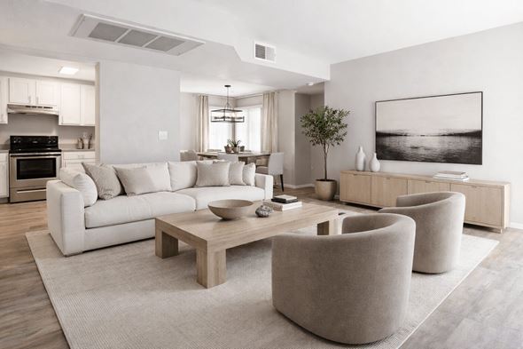 Santa Fe apartment for rent - Open concept living room with neutral furnishings at Vista Linda Apartments, Santa Fe, 87507